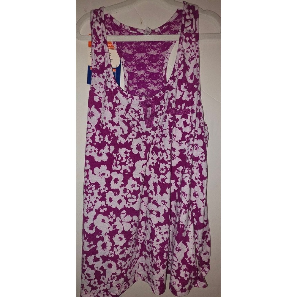 George Womens Floral Lace Racerback Tank Top Purple White Large L 12-14